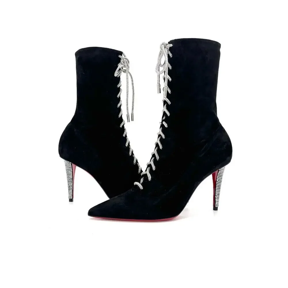 NEW Christian Louboutin Astrid Lace Strass Booty 85 Embellished Boots 37 - Picture 5 of 10